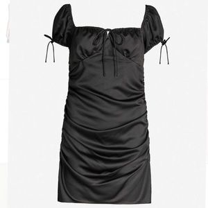 NWT! Topshop Black Ruched Satin Square Neck Mini Dress Prairie Milkmaid Sz 10